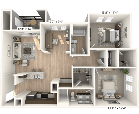 Floor plan for 2 beds, 2 baths, 1170 sqft